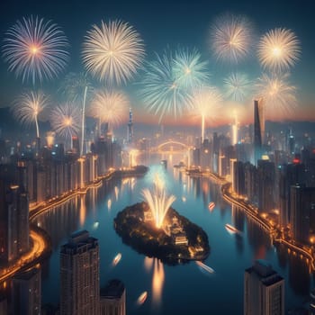 A breathtaking cityscape with fireworks illuminating the night sky, reflecting in the tranquil waters below