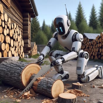 A modern robot cutting wood logs outside a wooden cabin, showcasing technology meeting traditional woodwork