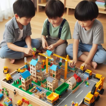 Three asian children are engrossed in play, building with a colorful toy construction set on a wooden floor in an indoor setting