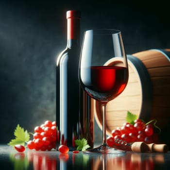 Elegant wine setup with a filled glass, bottle, barrel, and red grapes on a reflective surface, dark background