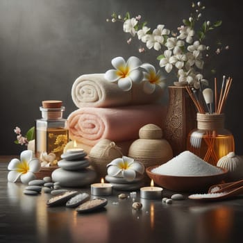 A serene spa setting with towels, flowers, and candles on a wooden surface against a dark background, exuding a peaceful and relaxing mood