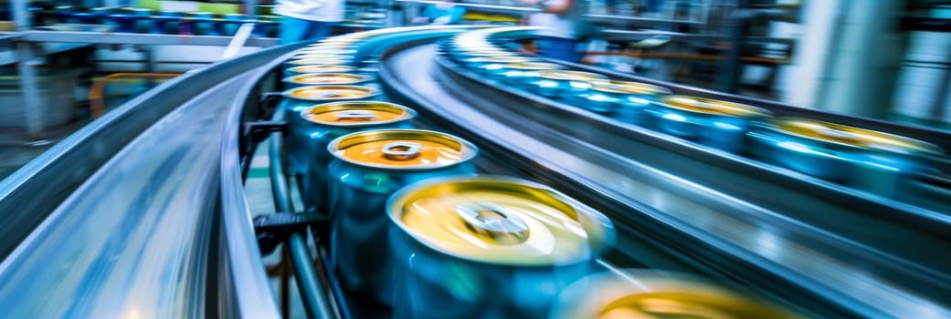 A conveyor belt with cans of food on it by AI generated image.