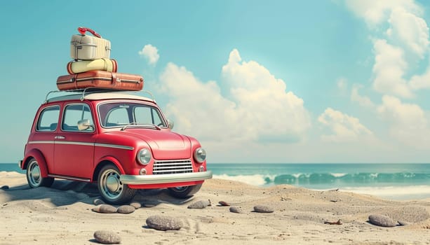 A red car with luggage on top of it is parked on a beach by AI generated image.