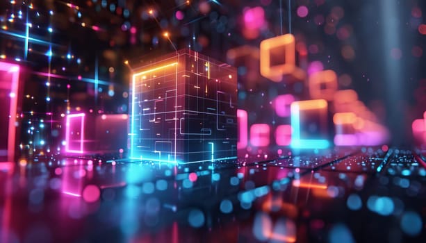 A colorful cube is surrounded by a neon cityscape by AI generated image.