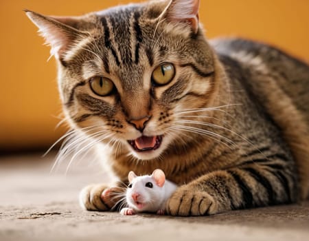 A close-up of a tabby cat with a white mouse in front of it. The animals looking at the camera with its mouth open