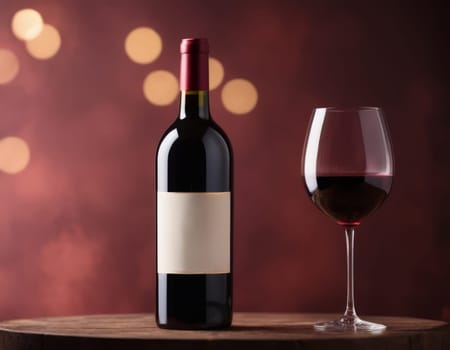 A bottle and glass of red wine on a wooden table, with a bokeh light background