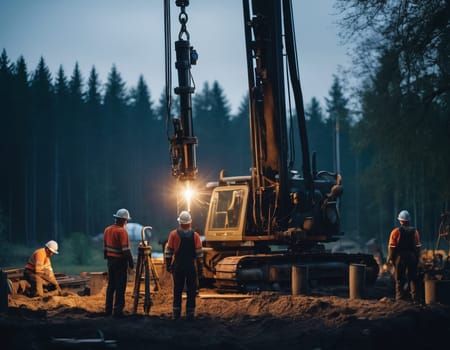 A bustling construction site at dusk, with workers and heavy machinery drilling into the ground