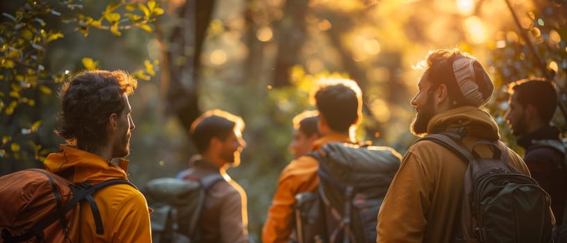 A group of men are hiking in the woods, with one of them wearing a backpack by AI generated image.