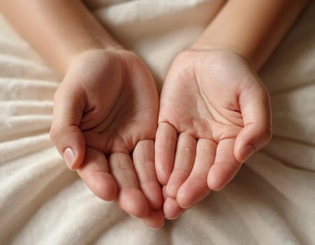 Close-up of two hands cupped together on a beige background, conveying a sense of tenderness and trust