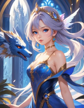 Anime illustration in blue tones featuring a crowned princess with a majestic dragon head in the background