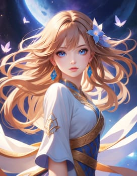 Ethereal female figure in white and gold attire, surrounded by a magical night sky, moonlight, and fluttering butterflies