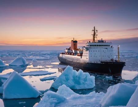 Icebreaker ship navigating through icy waters under a beautiful sunset, a blend of technology and natural beauty