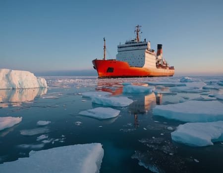 Large orange and white ship navigating through the Arctic Ocean, surrounded by icebergs under a clear blue sky