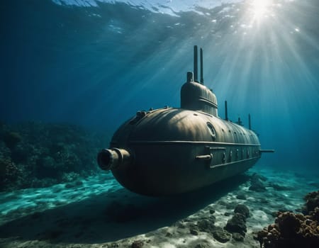 Bathyscaphe submerged in the ocean, surrounded by coral and fish with sunlight filtering through the water