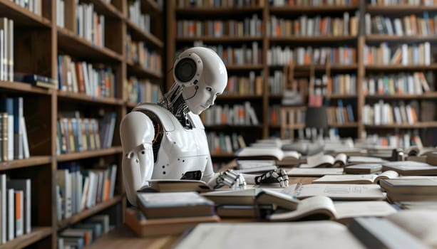 A robot is sitting at a desk with a book in front of it by AI generated image.