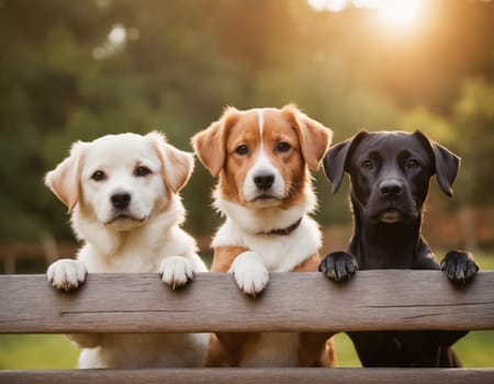 Three happy puppies of different colors sitting on a wooden fence, looking at the camera