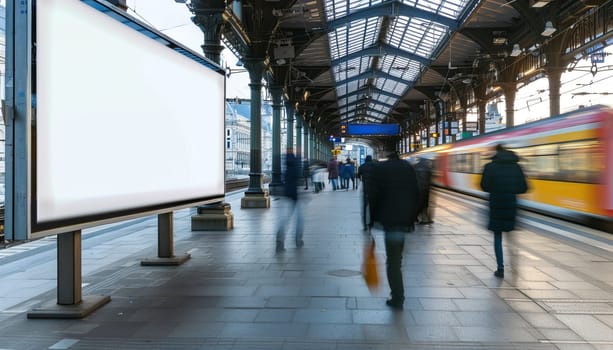 A train station with a large white billboard in the background by AI generated image.