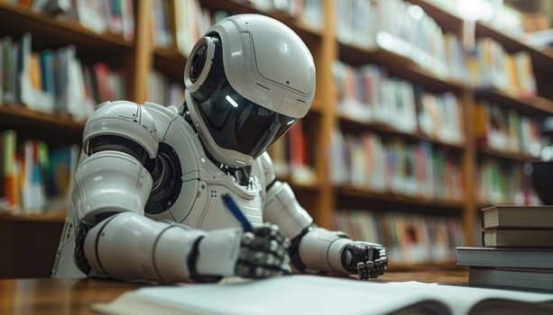 A robot is sitting at a desk with a book in front of it by AI generated image.