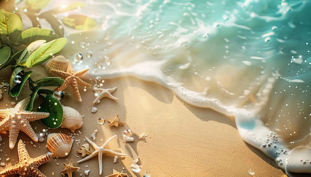 A beach scene with a bunch of starfish and shells on the sand by AI generated image.