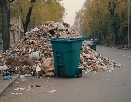 Urban street scene with a large pile of discarded waste and a green garbage bin, highlighting environmental pollution issues