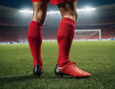 Close-up of a soccer player's feet on the field, poised in red cleats under stadium lights