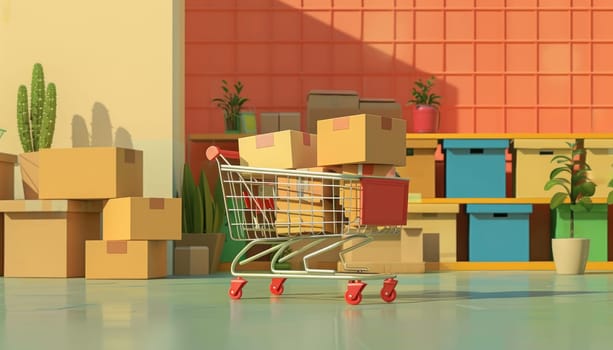 A shopping cart is in front of a pile of cardboard boxes by AI generated image.