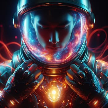 Astronaut with a cosmic, nebula-filled helmet surrounded by vibrant, swirling lights