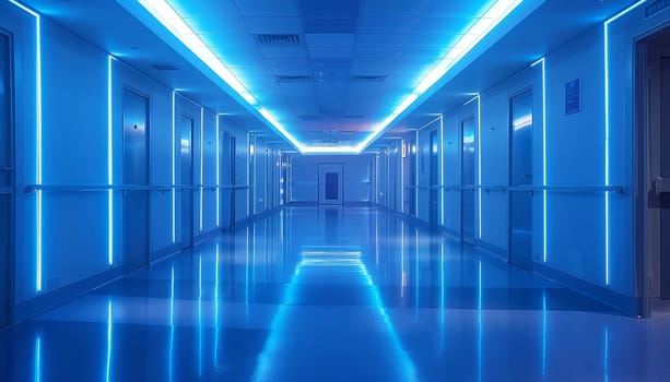 A long hallway with blue lights and white walls by AI generated image.