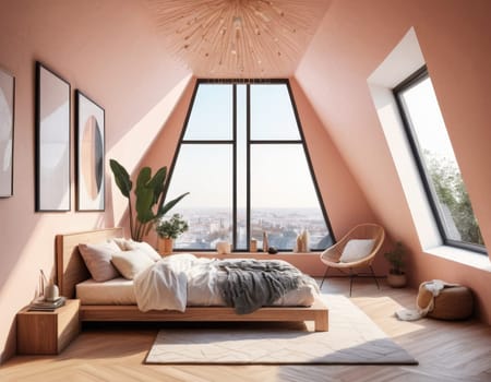 Modern bedroom with stylish furniture, artwork, and a city view through large windows, bathed in natural light