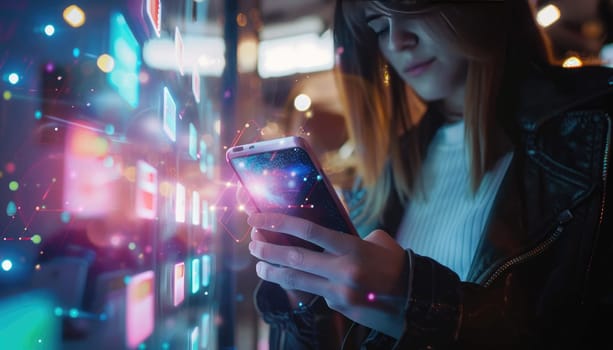 A woman is looking at her cell phone in a colorful, futuristic setting by AI generated image.