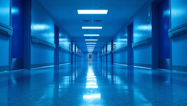 A long hallway with blue lights and white walls by AI generated image.