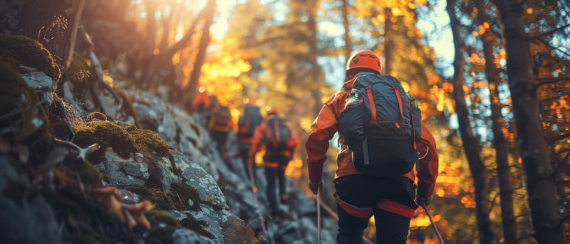 A group of people are hiking up a mountain trail by AI generated image.