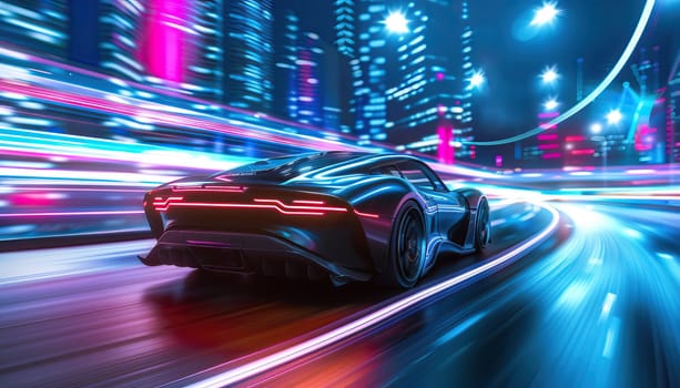 A car is driving down a street with neon lights by AI generated image.