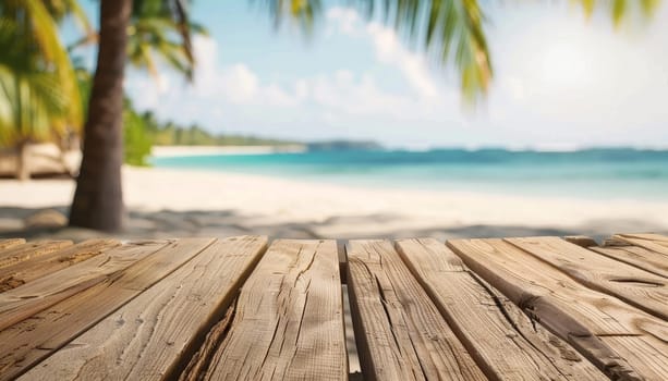 A wooden table with a view of the ocean by AI generated image.