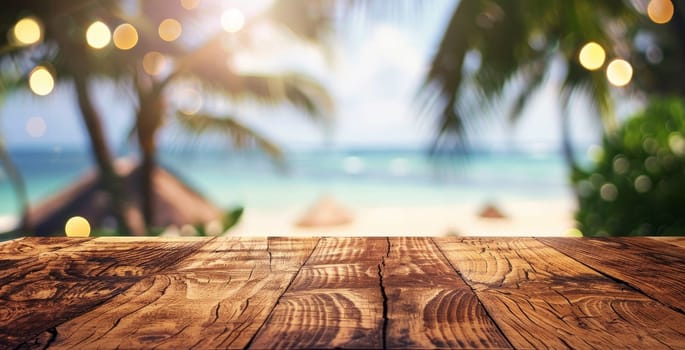 A wooden table with a view of the ocean by AI generated image.