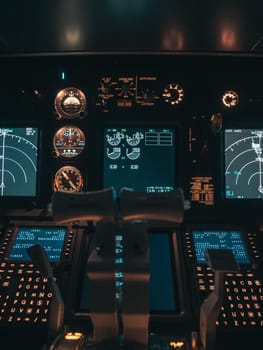 Cockpit view of an airplane during a night-time flight with illuminated instrument panels