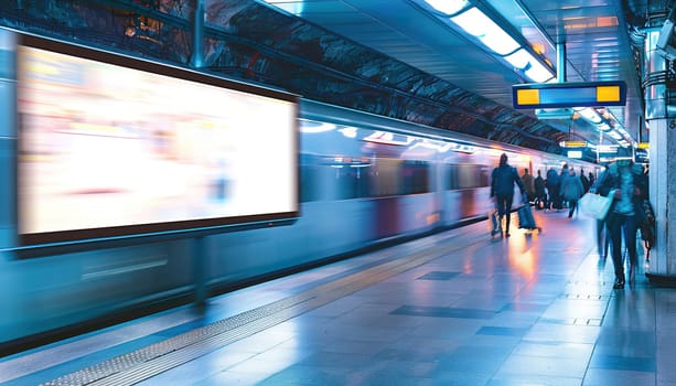 A train is moving through a subway station with people walking around by AI generated image.