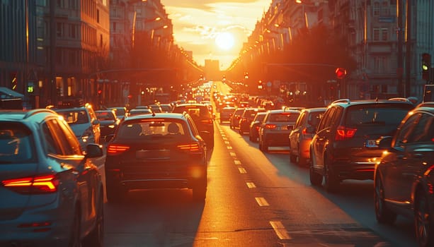 A busy city street with cars and a large sun in the sky by AI generated image.