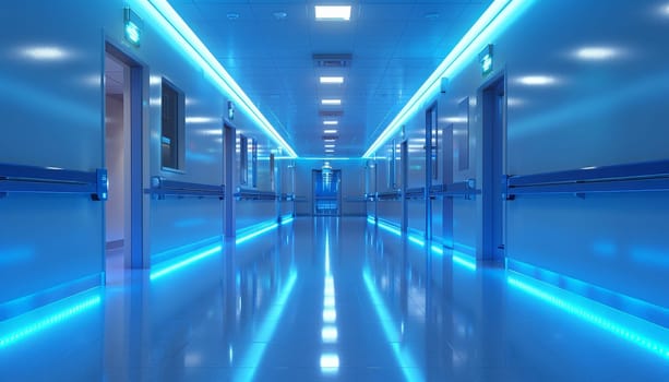 A long hallway with blue lights and white walls by AI generated image.