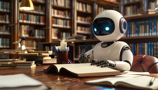 A robot is sitting at a desk with a book in front of it by AI generated image.