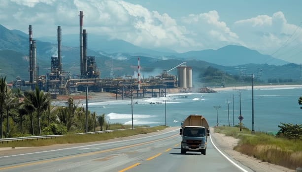 A truck is driving down a road near a large industrial plant by AI generated image.