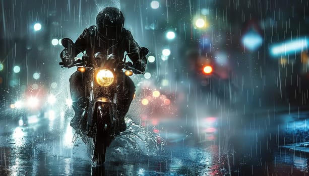 A man on a motorcycle is riding down a wet street by AI generated image.