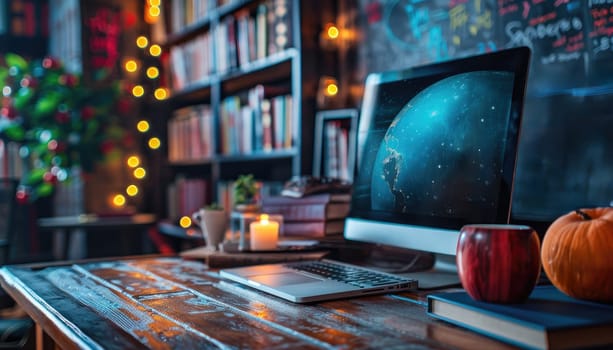 A computer monitor is on a desk with a pumpkin and a candle by AI generated image.