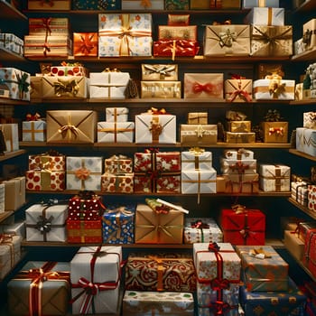 A brown wood rectangle shelving display case filled with a pattern of wrapped gifts, fashion accessories, publications, and carminecolored items in a retail setting