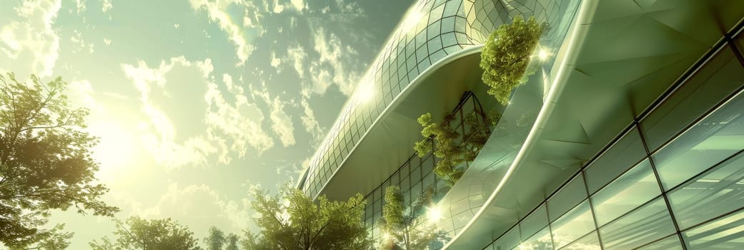 A building with a lot of glass windows and a green roof by AI generated image.