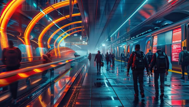 A group of people are walking down a brightly lit subway platform by AI generated image.