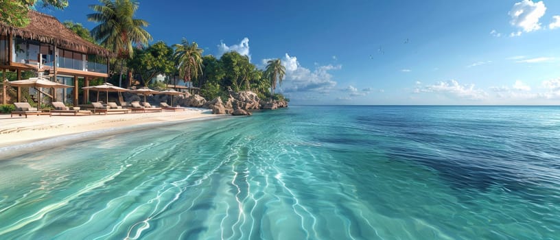 A beach scene with two lounge chairs on the sand by AI generated image.