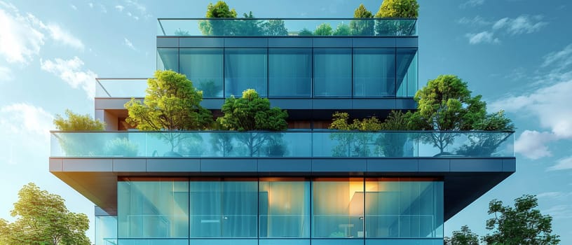 A large glass building with a tree in front of it by AI generated image.