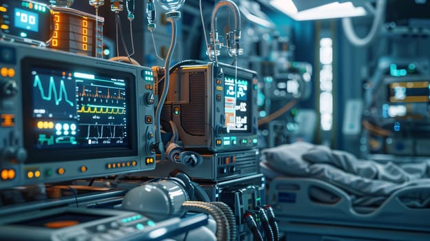 Hospital and doctors help: Medical equipment in a hospital ward. 3d rendering toned image