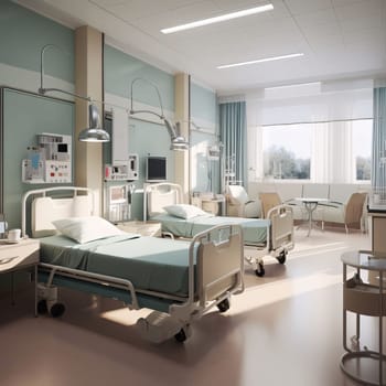 Hospital and doctors help: Modern hospital ward interior with beds and equipment. 3d render.